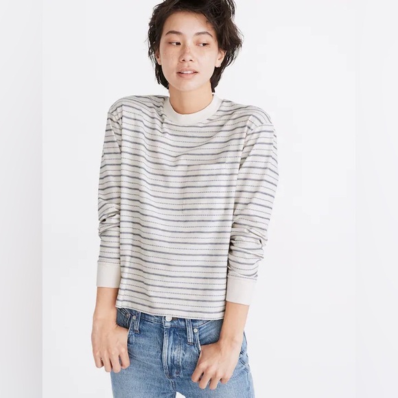 Madewell Tops - Madewell Jacquard cream blue cotton blend boxy Stripe Pocket Tee L